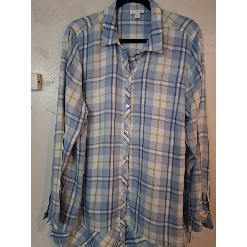 J. Jill Women XL Blue Plaid Viscose Rayon Long Sleeve Button Down Tunic Shirt